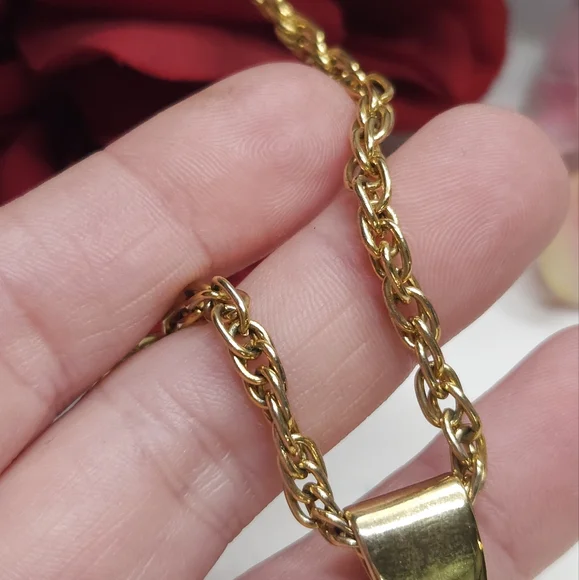 Vintage Hand Painted Red & Yellow Flower Glass Pendant Necklace Gold Tone - Picture 3 of 10